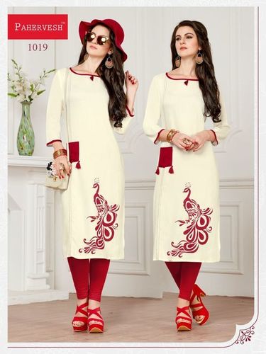 White And Red Ladies Fancy Kurti