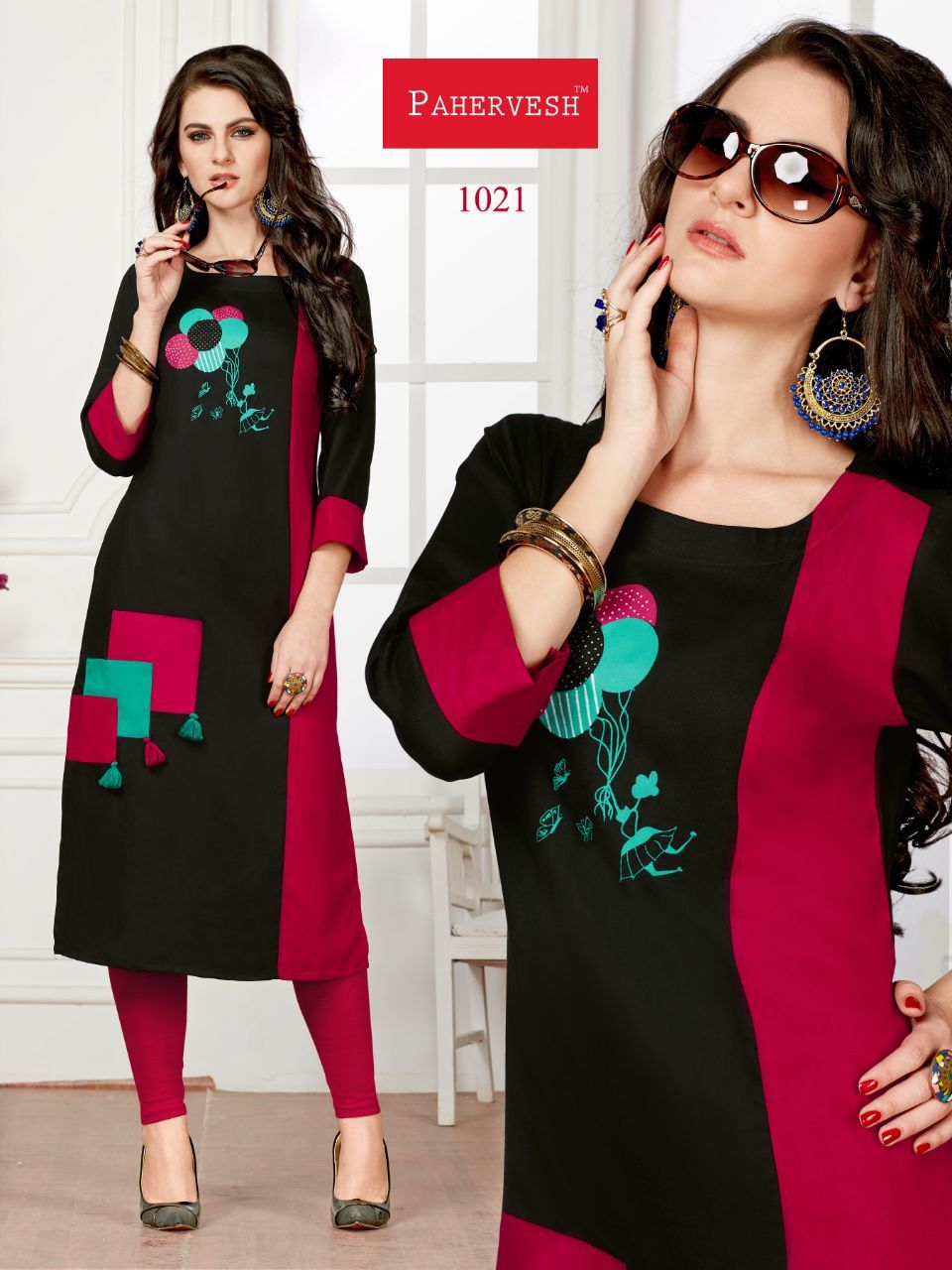 White And Red Ladies Fancy Kurti