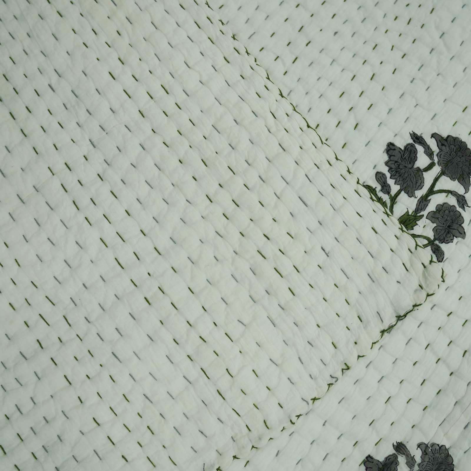 Kantha Quilt - 100% Cotton, 90x108 Inches, Indigo Blue | Hand Block Printed, Reversible Bedspread, Handmade With Traditional Kantha Stitching