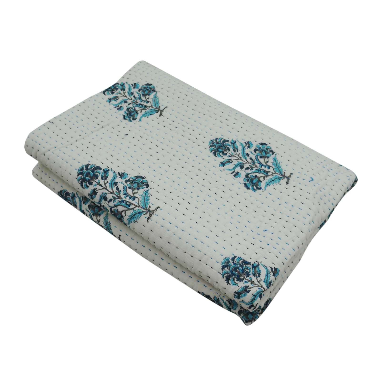 Hand Block Print Kantha Quilt - 100% Cotton, Queen Size | Handmade, Printed Design, Versatile Bedding Throw