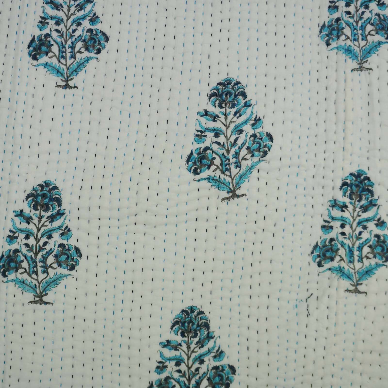 Hand Block Print Kantha Quilt - 100% Cotton, Queen Size | Handmade, Printed Design, Versatile Bedding Throw