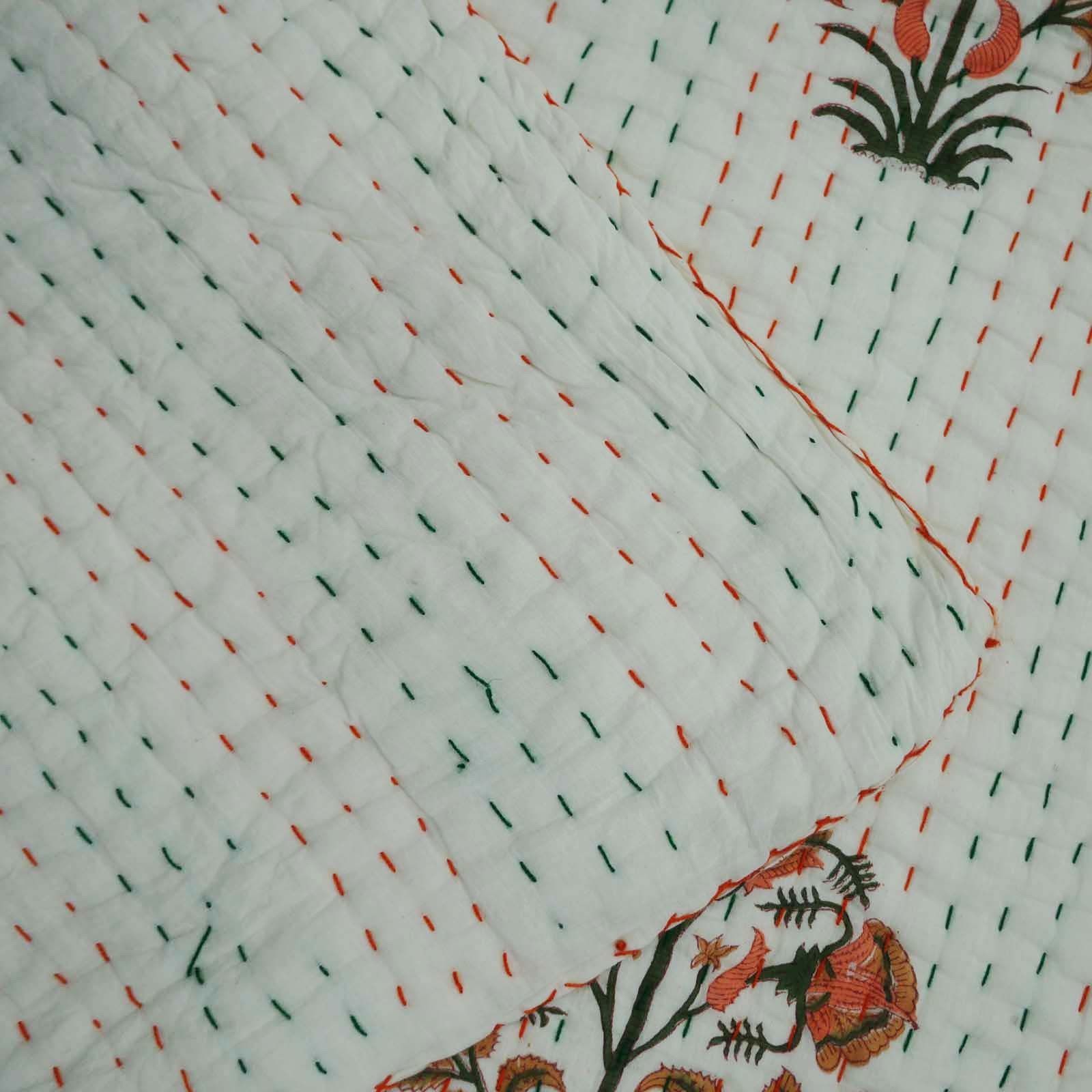 100% Cotton Floral Block Print Kantha Quilt