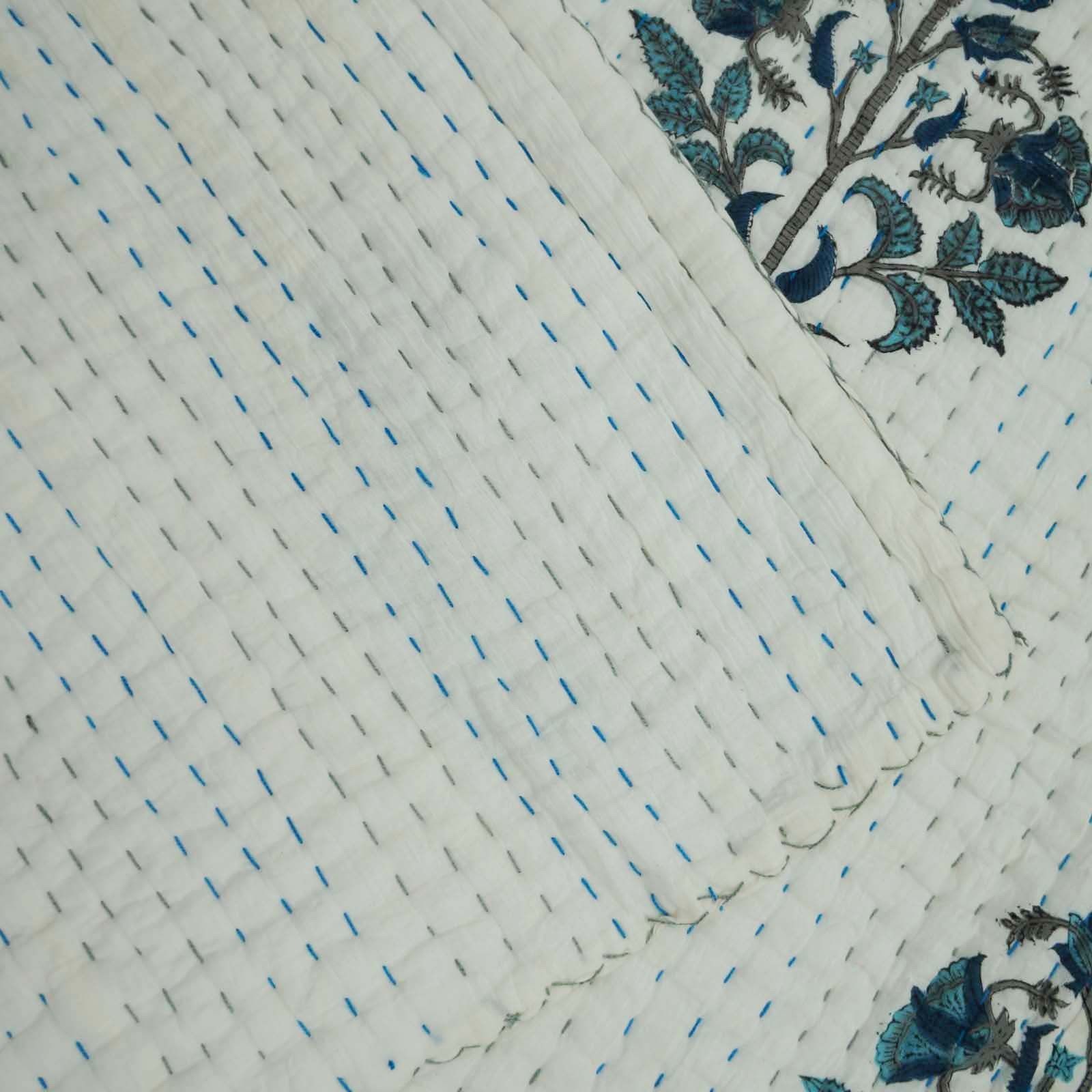 Jaipuri Kantha Quilt - 100% Cotton, 90x108 Inches Size | Handmade Block Print Design, Stylish Bedding Throw Or Bedspread