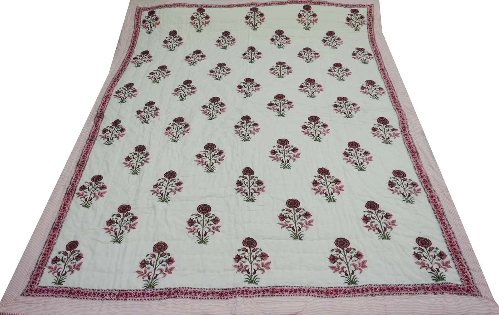 Jaipuri Quilt - 100% Cotton, 90x108 Inches, Indigo Blue | Hand Block Printed, Handmade Kantha Stitch, Versatile Bedspread, Blanket, Or Bedding Throw
