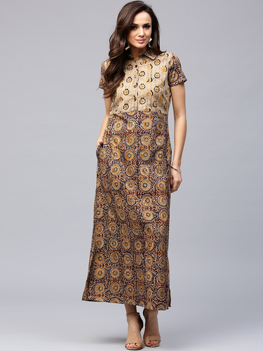 Ladies Casual Gown - Silk Material, Available in S, M, L, XL, XXL, XXXL Sizes - Short Sleeves, Printed Pattern, Washable Comfort