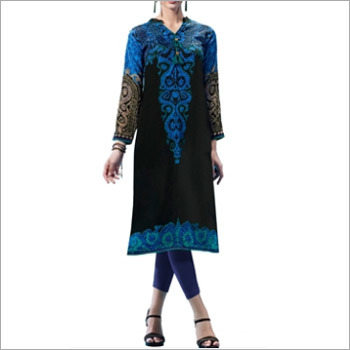 काला और नीला रंग का फ्रेंच क्रेप प्रिंटेड कुर्ती