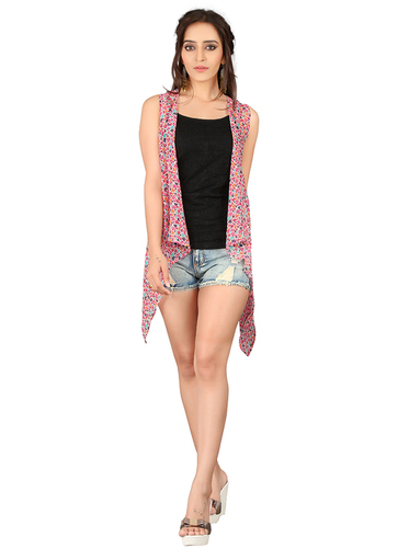 Pink Jacket Style Shrug - Georgette, Sleeveless, Asymmetric, Long Shrug or Jacket | Casual Dress Type, Printed Pattern, Accessorize for Style