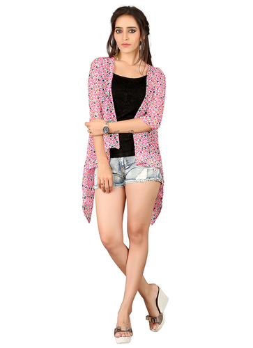 Designer Pink Jacket Style Shrug - Georgette, 3/4th Sleeves, Asymmetric Length, Casual Wear | Versatile Long Shrug or Jacket, Perfect for Accessorizing