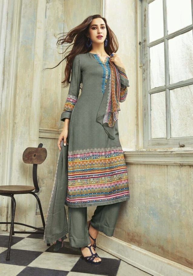 Winter Salwar Suit - Pashmina Twill Top And Bottom, Embroidered Chiffon Dupatta | Designer, Unstitched, Dry Clean Only
