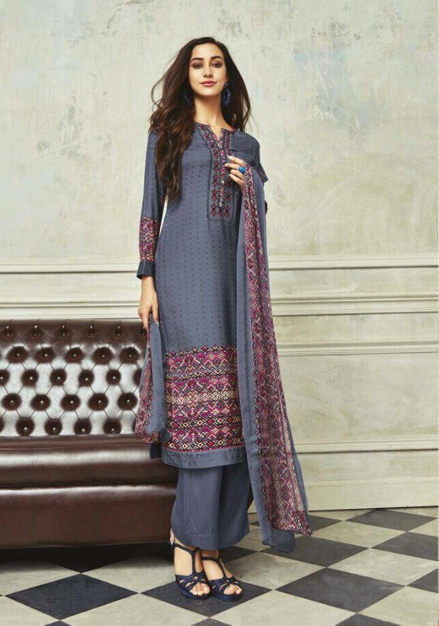 Winter Salwar Suit - Pashmina Twill Top And Bottom, Embroidered Chiffon Dupatta | Designer, Unstitched, Dry Clean Only