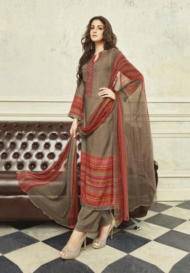 Winter Salwar Suit - Pashmina Twill Top And Bottom, Embroidered Chiffon Dupatta | Designer, Unstitched, Dry Clean Only