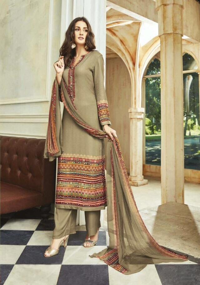 Winter Salwar Suit - Pashmina Twill Top And Bottom, Embroidered Chiffon Dupatta | Designer, Unstitched, Dry Clean Only