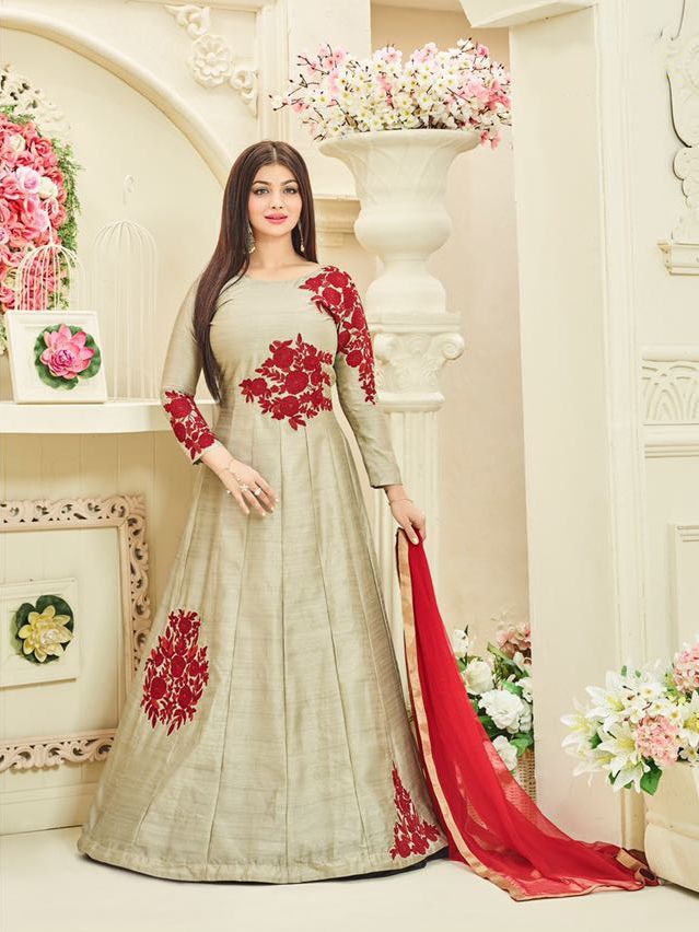 Bollywood Anarkali Suit - Banarasi Silk, Semi-stitched Up To Size 42, Green | Embroidered Design, Net Dupatta, Ethnic Modern Style