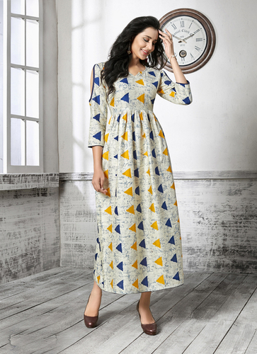 Designer Ready-made Anarkali Kurti - Cotton Fabric, Size S-36 to XXL-44 | Printed Trendy Ethnic Wear with Alluring Short Sleeves