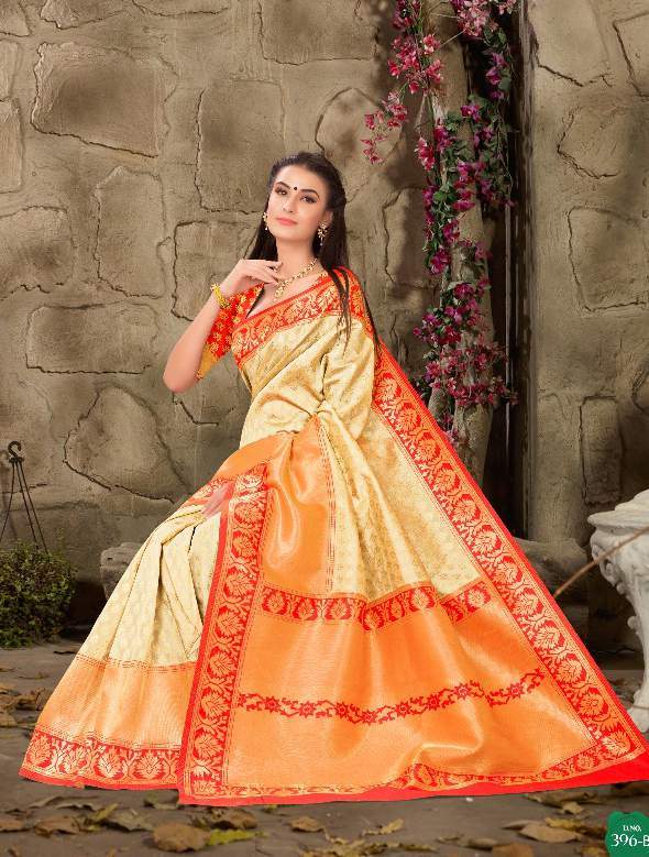 Designer Saree - Tussar Art Silk, Customized Size Up To 42" | Cream And Red Weaving, Unstitched Blouse