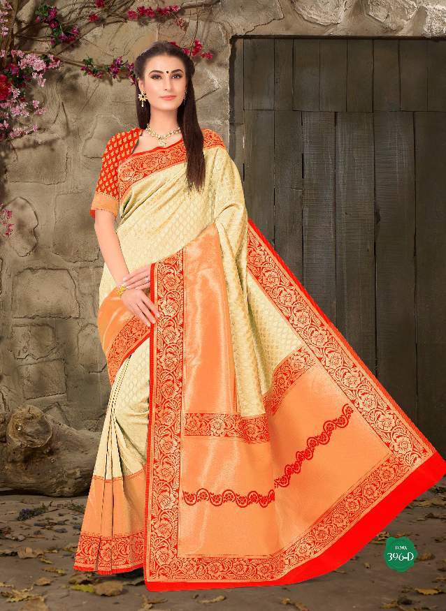 Designer Saree - Tussar Art Silk, Customized Size Up To 42" | Cream And Red Weaving, Unstitched Blouse