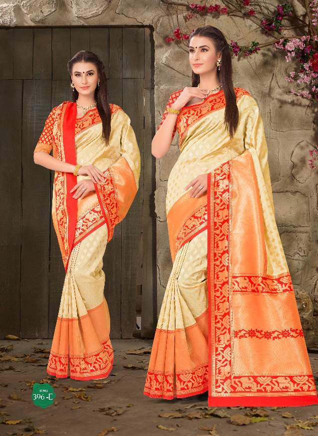 Designer Saree - Tussar Art Silk, Customized Size Up To 42" | Cream And Red Weaving, Unstitched Blouse