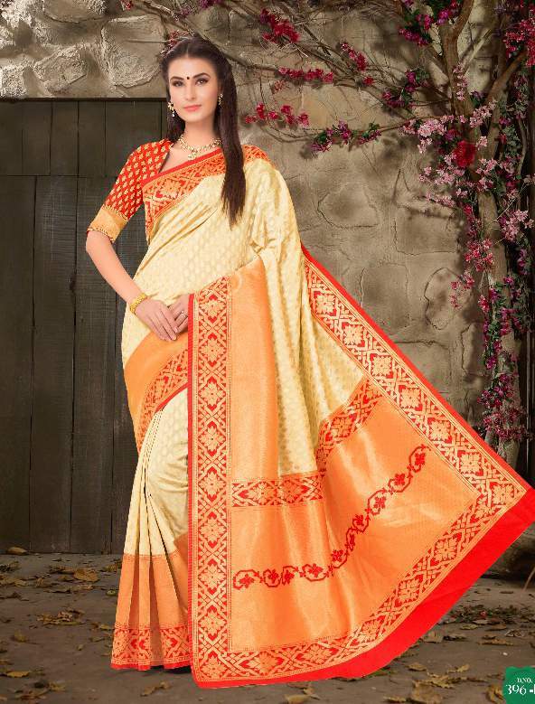 Designer Saree - Tussar Art Silk, Customized Size Up To 42" | Cream And Red Weaving, Unstitched Blouse