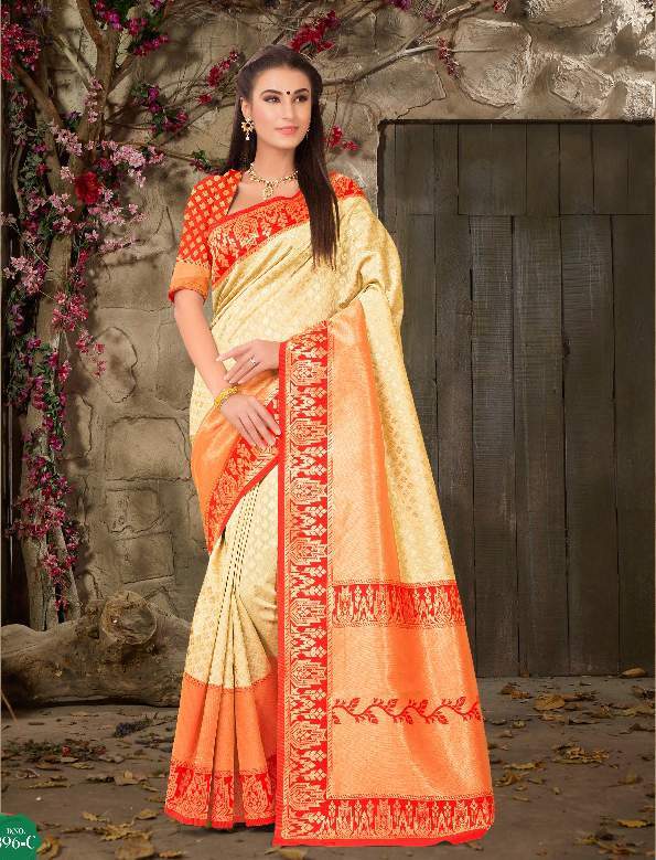 Designer Saree - Tussar Art Silk, Customized Size Up To 42" | Cream And Red Weaving, Unstitched Blouse