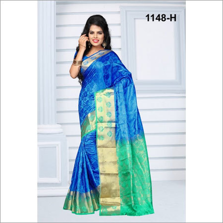 पारंपरिक नीला एवं हरा रंग का रेशमी साड़ी