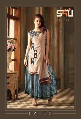 Blue And Cream Ladies Fancy Kurti