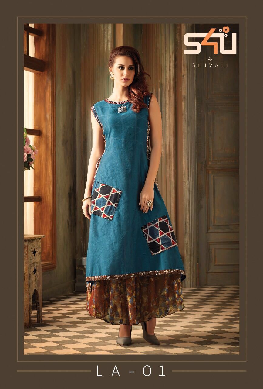 Blue And Cream Ladies Fancy Kurti