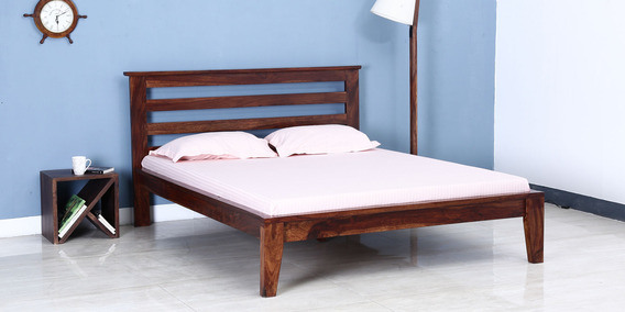 Handcrafted Queen Bed In Walnut Finish By Wudstuk
