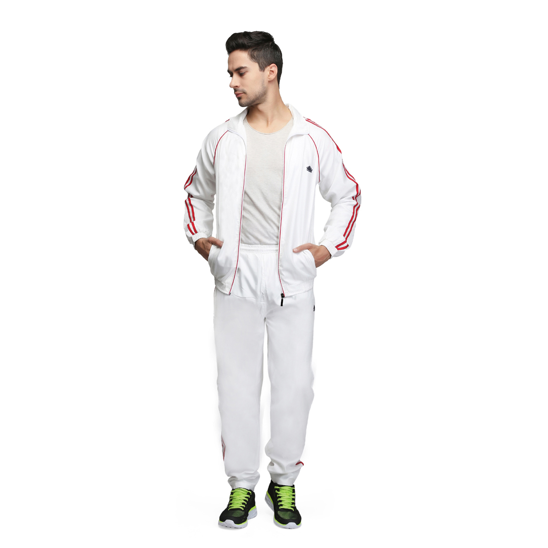 Polyester Mens White And Red Tracksuit