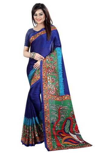 ब्लू प्रिंटेड डिज़ाइनर कलमकारी साड़ी