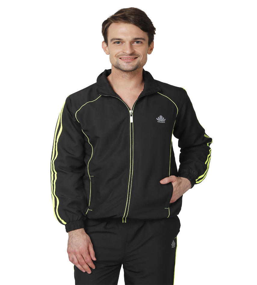 Polyester Mens Black & Green Tracksuit