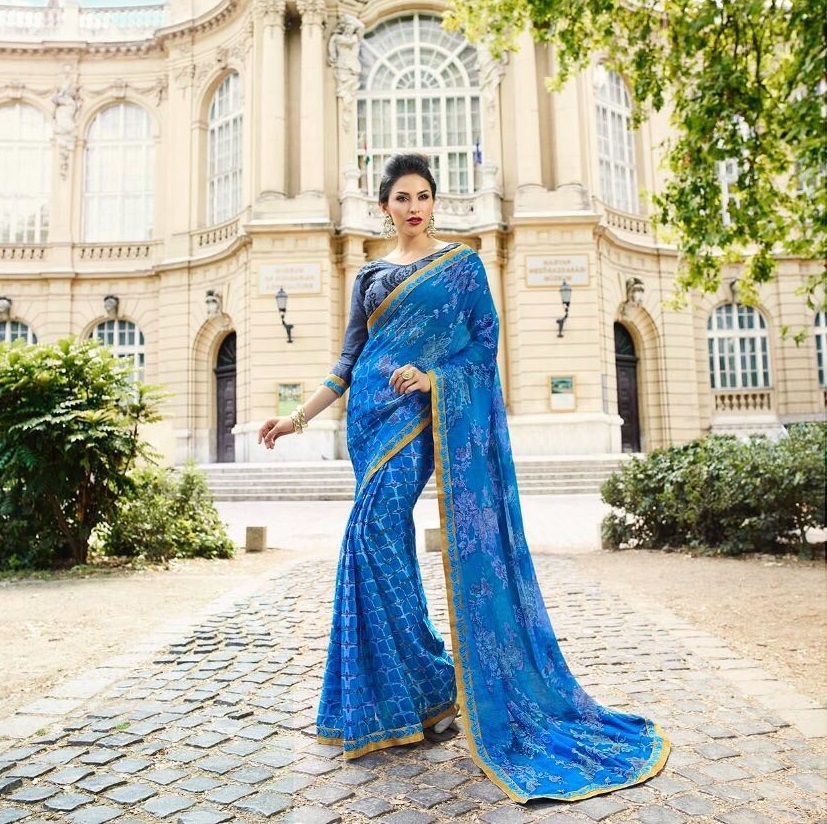 Designers Sarees - Georgette Brasso Fabric, Customized Size Up To 42" | Designer Printed Saree With Unstitched Blouse, Full Set 22502