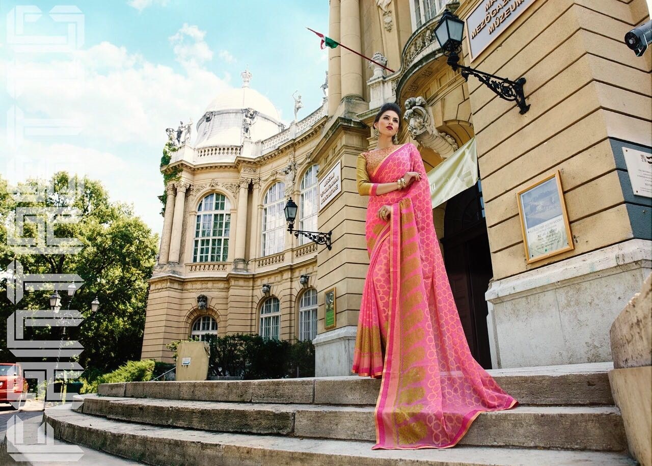 Designers Sarees - Georgette Brasso Fabric, Customized Size Up To 42" | Designer Printed Saree With Unstitched Blouse, Full Set 22502