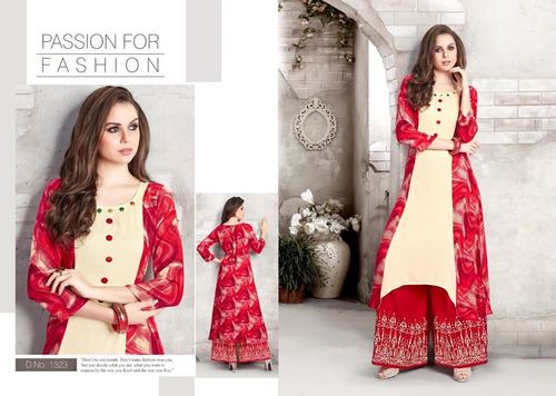 Ladies Fancy Kurti - Rayon Fabric, Customizable Sizes XS-XXXL , Red and Cream Design | Washable and Dry Cleanable for All Seasons