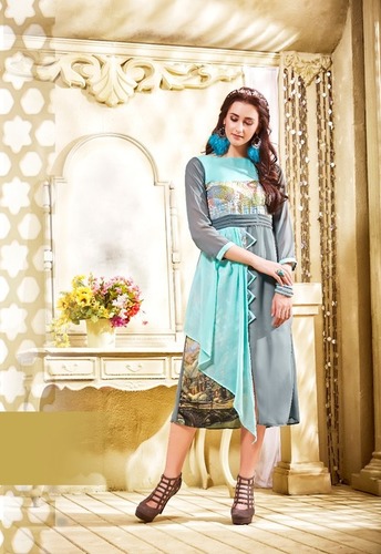 Gray And Sea Green Georgette Fancy Kurti