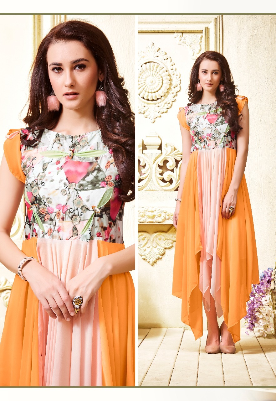 Gray And Sea Green Georgette Fancy Kurti