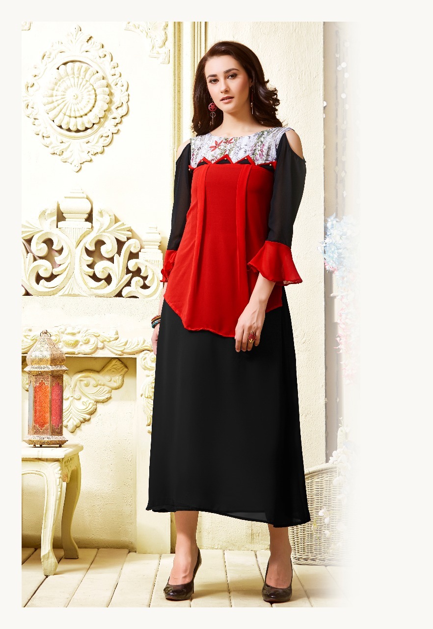 Gray And Sea Green Georgette Fancy Kurti