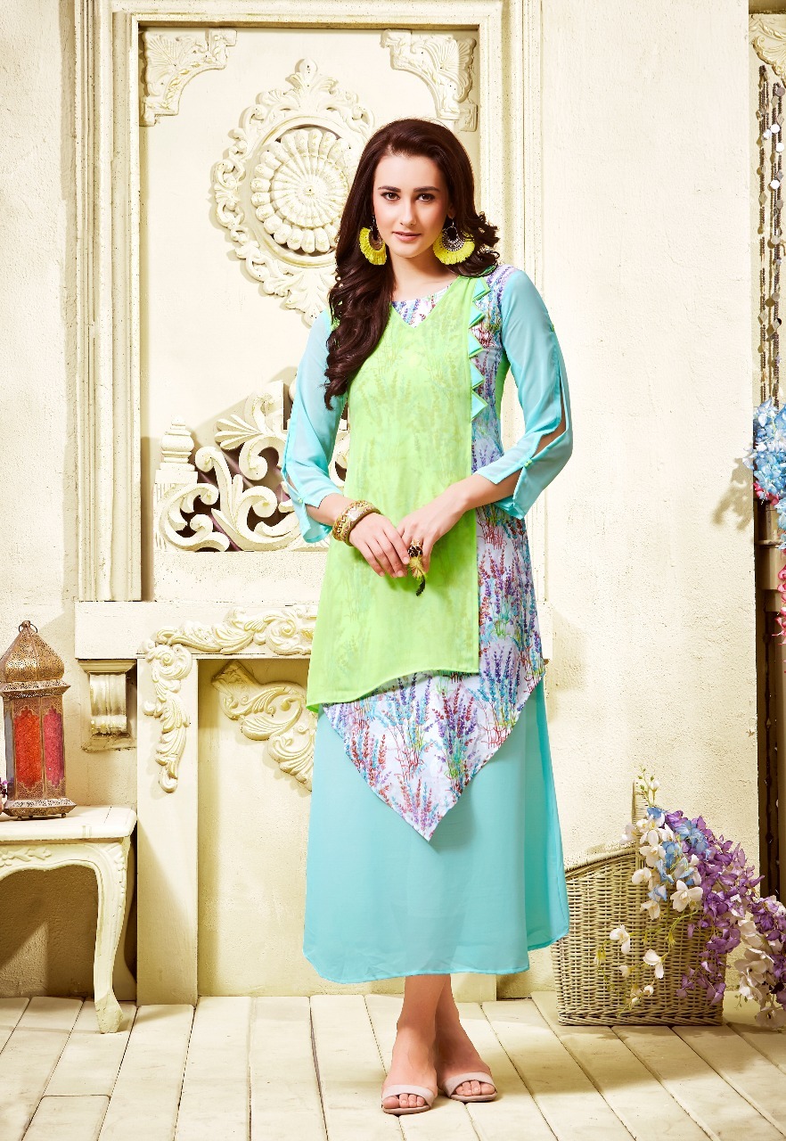 Gray And Sea Green Georgette Fancy Kurti