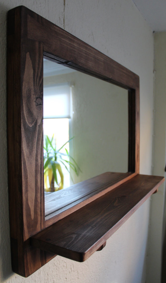 Mirror With Inbuilt Shelf - Natural Wood With Dark Danish Oil Finish | Eco-friendly, Durable Indian Style Home Furniture