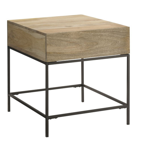 Industrial Storage Side Table - Wrought Iron & Mango Wood, 51x56x56cm , Vintage Appearance, Durable Design, Deep Drawer for Organization