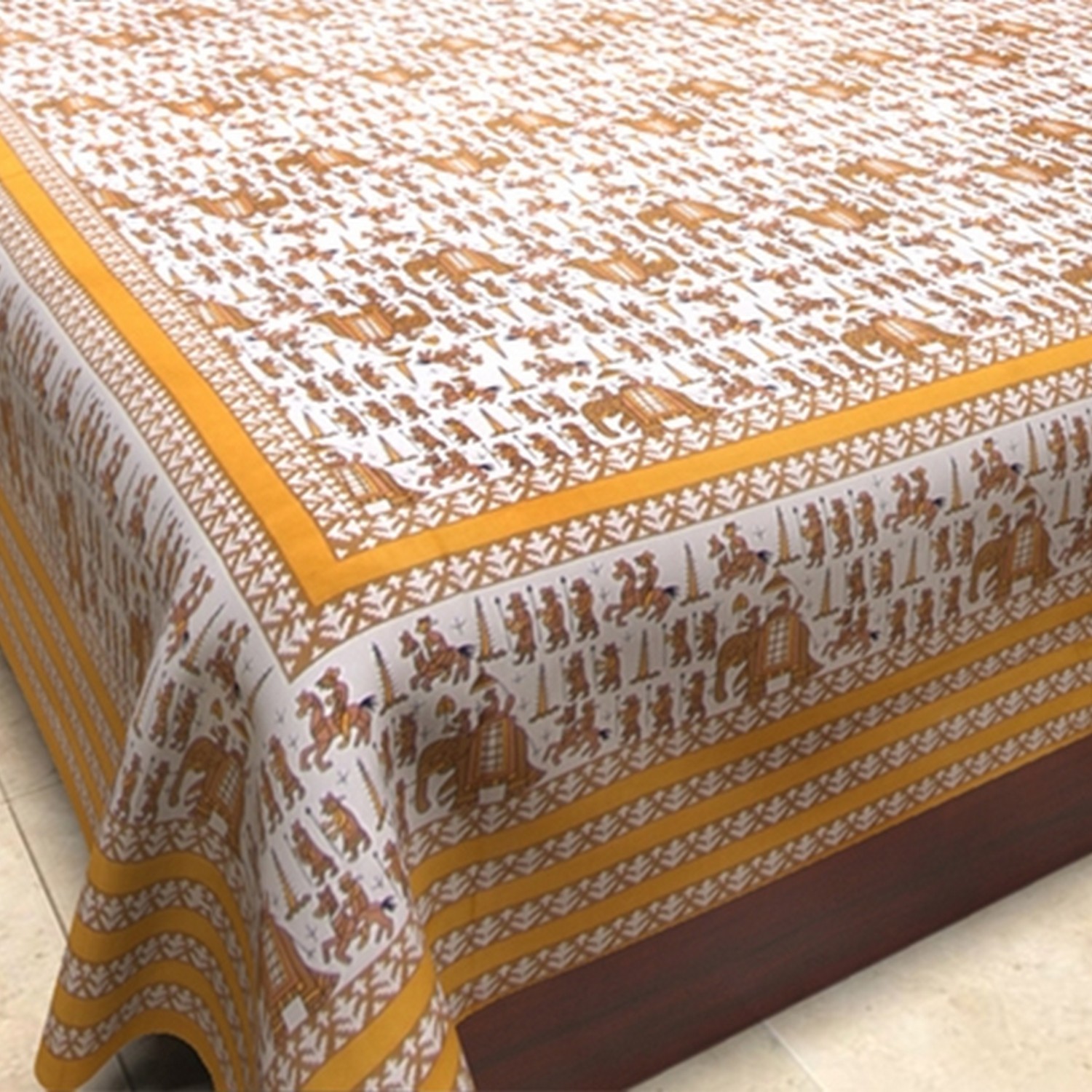 Elephant Print Double Bedsheet - 100% Cotton, King Size 2286 X 2743 Mm, Brown | Features 2 Zipper Pillow Covers, Traditional Rajasthani Hand-block Print