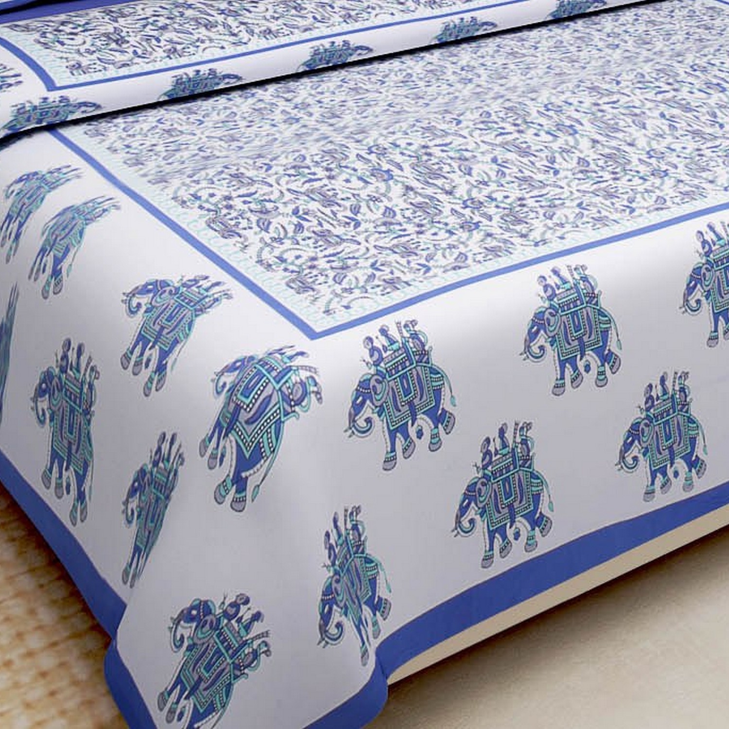 Blue Elephant Print White Double Bedsheet