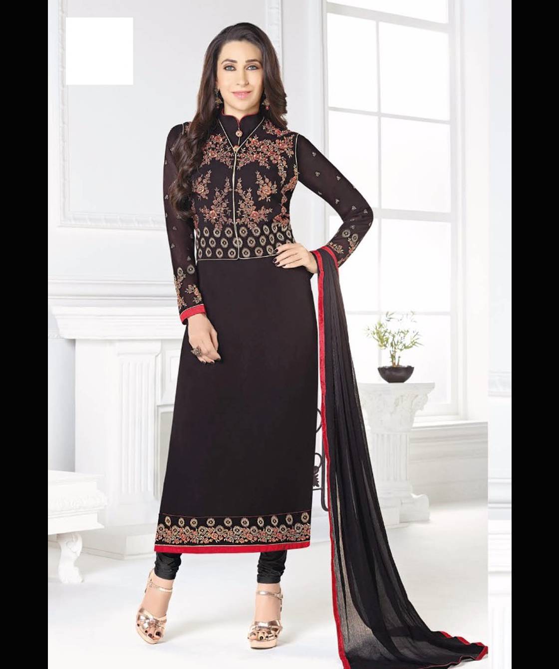 Mf Suits Catalog - Georgette With Silk Jacket, Embroidered Designer Suit With Santoon Bottom And Chiffon Dupatta, Semi-stitched Up To Size 42