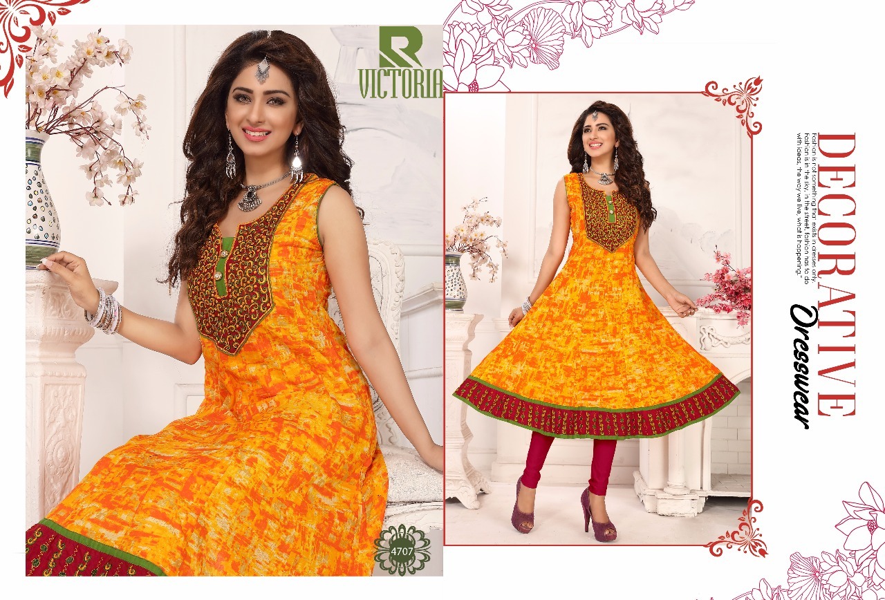 Kurtivictoria - Pure Cotton Printed Anarkali Kurties | Orange And Grey, Sleeveless, Available Sizes: L, Xl, Xxl, 45-inch Flair
