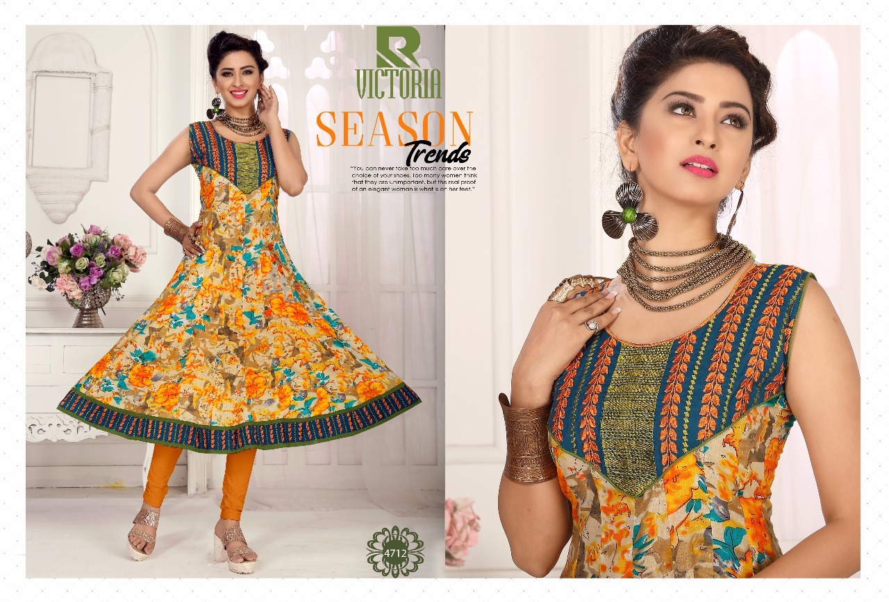 Kurtivictoria - Pure Cotton Printed Anarkali Kurties | Orange And Grey, Sleeveless, Available Sizes: L, Xl, Xxl, 45-inch Flair