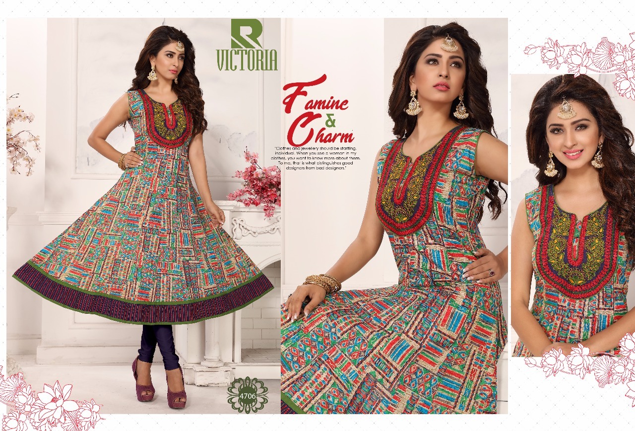 Kurtivictoria - Pure Cotton Printed Anarkali Kurties | Orange And Grey, Sleeveless, Available Sizes: L, Xl, Xxl, 45-inch Flair