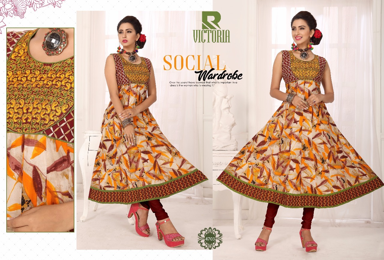 Kurtivictoria - Pure Cotton Printed Anarkali Kurties | Orange And Grey, Sleeveless, Available Sizes: L, Xl, Xxl, 45-inch Flair