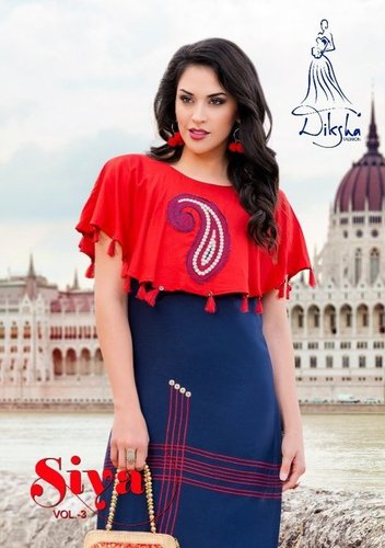 Ladies Fancy Kurti - Rayon Material, Short Sleeve, Customizable Sizes | Red and Blue Printed Design, Washable, Suitable for All Seasons