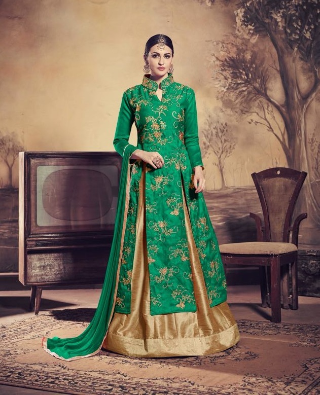 Lehenga Suit - Banglori Silk With Heavy Banglori Silk Bottom, Embroidered Design, Semi Stitched Up To Size 42, Elegant Nazneen Dupatta