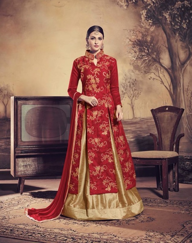 Lehenga Suit - Banglori Silk With Heavy Banglori Silk Bottom, Embroidered Design, Semi Stitched Up To Size 42, Elegant Nazneen Dupatta