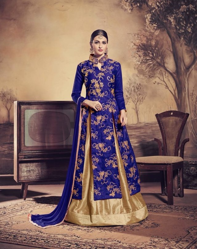 Lehenga Suit - Banglori Silk With Heavy Banglori Silk Bottom, Embroidered Design, Semi Stitched Up To Size 42, Elegant Nazneen Dupatta